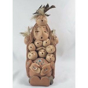 Navajo Artist Pottery Storyteller Cheyenne Jim By  Diane 11 Babies Feathers